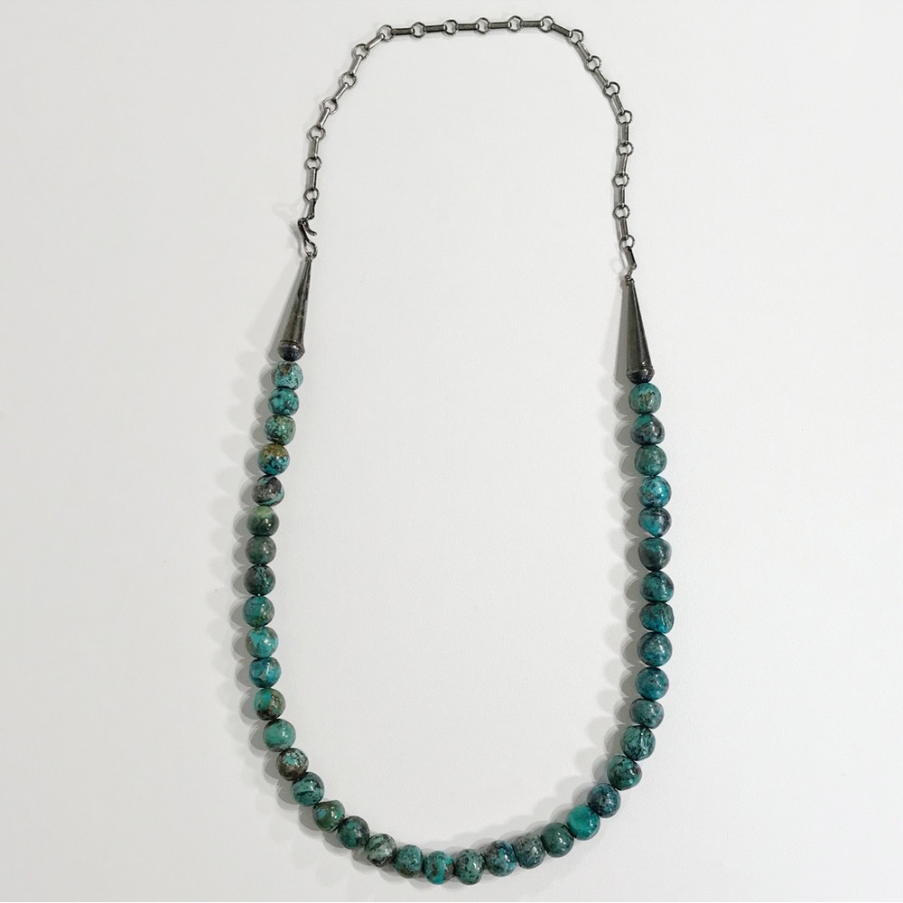 Vintage Native American Sterling Silver 9mm Turquoise Cone Beaded Necklace 24"
